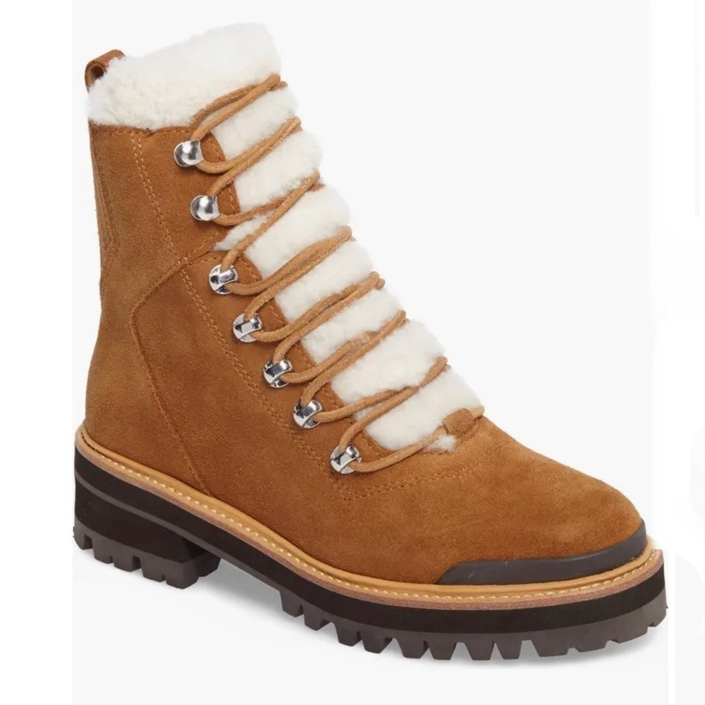 Suede Lace-Up Shearling Ankle Boot in Chestnut